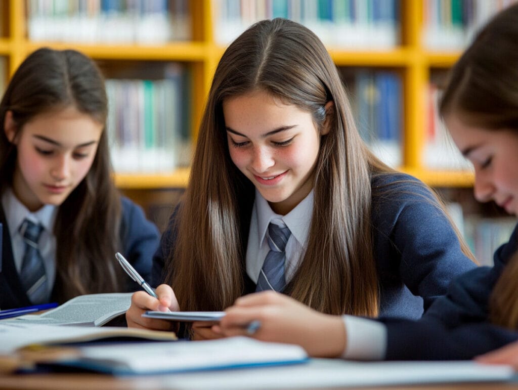 교복을 입은 세 명의 사립학교 학생들이 도서관에서 함께 공부하는 모습은 준비와 집중을 상징하며 '왜 이 학교에 다니고 싶은가'라는 면접 질문에 대한 답변과 일치합니다.