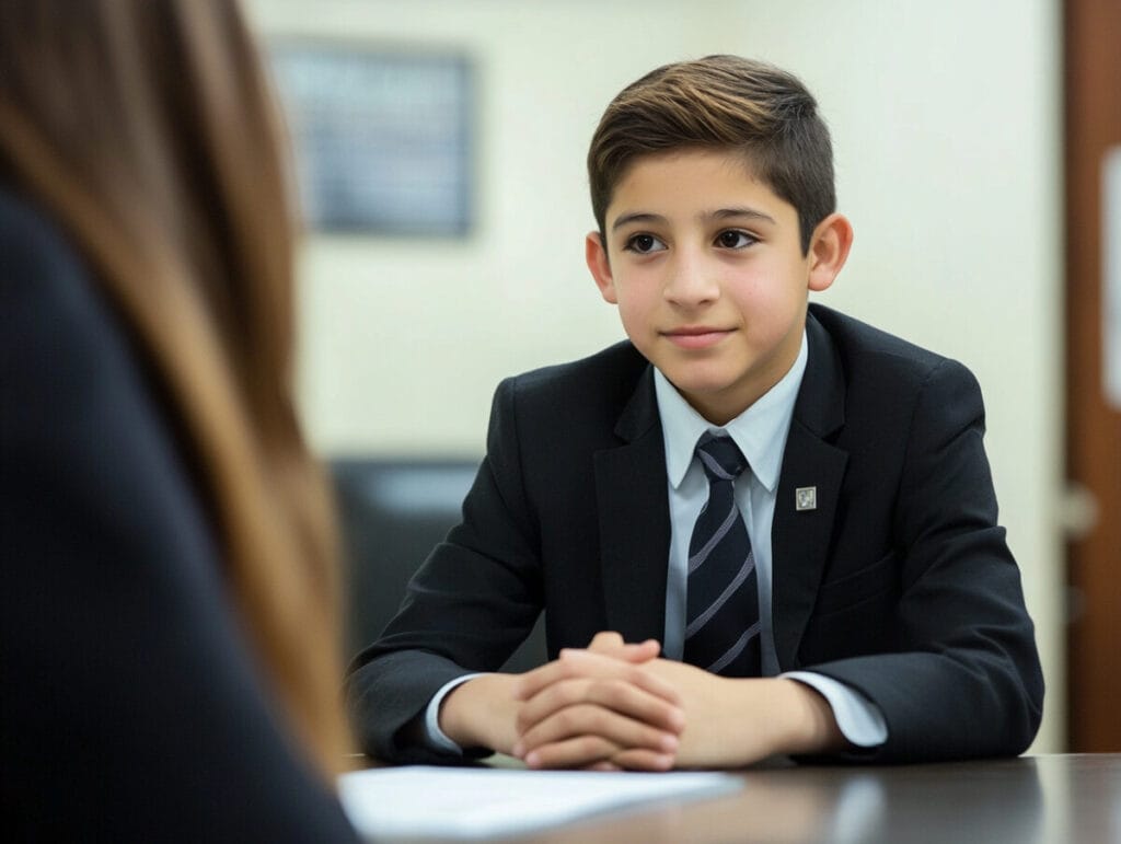 교복을 입은 7학년 남학생이 입학 면접에 진지하게 참여하며 '이 학교에 진학하고 싶은 이유'와 같은 질문에 자신 있게 답하고 있습니다.