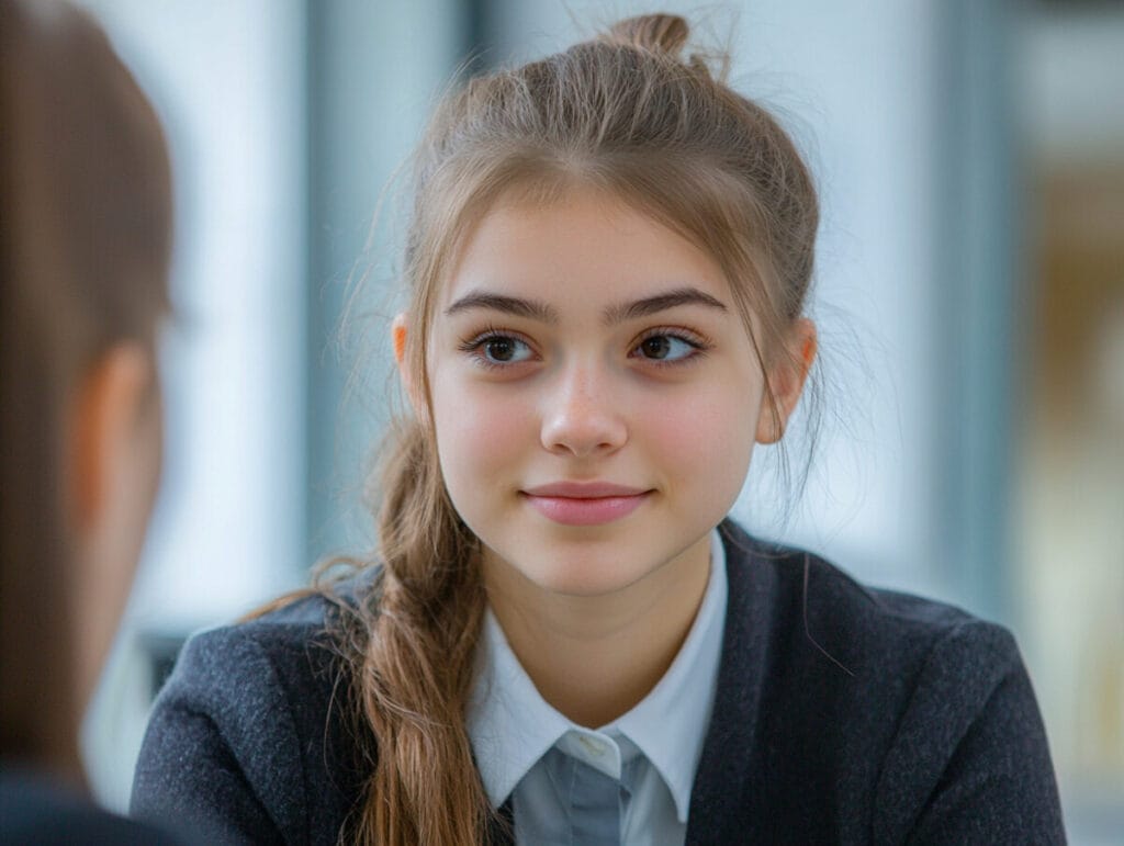 사려 깊은 8학년 학생이 차분하고 자신감 있는 태도로 면접 질문인 '당신의 약점은 무엇인가요'를 생각하며 자기 인식을 보여줄 준비를 하고 있습니다.