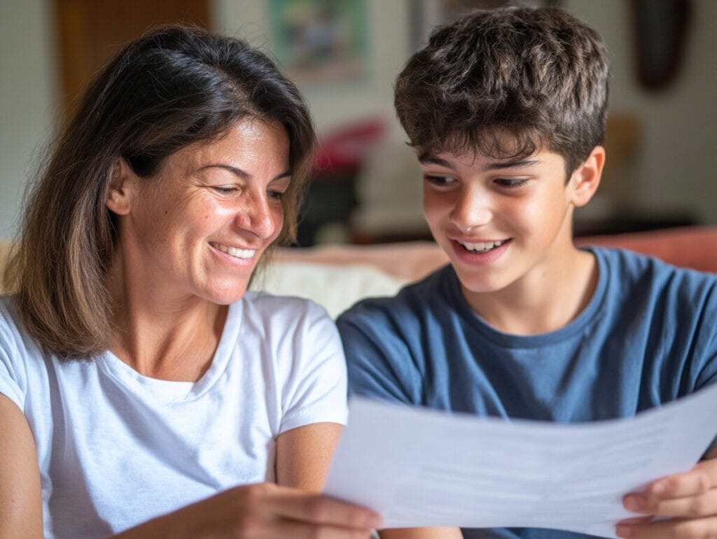 
A smiling mother and her teenage son sitting together at home, reviewing school interview preparation materials. The mother looks supportive, and the son appears engaged and excited while holding a piece of paper.