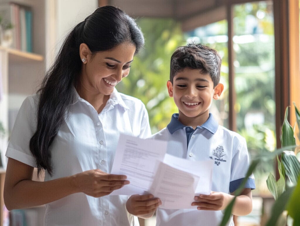 A cheerful mother and her young son reviewing school interview preparation materials together in a bright, cozy home setting. The mother and son share a smile as they look at the papers, fostering a supportive and positive learning environment.