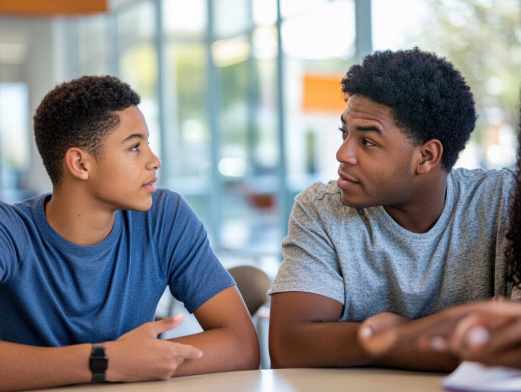 지지하는 부모가 십대 자녀와 AP 프로그램에서 우수한 성적을 거두는 것에 대해 사려 깊은 대화를 나누며 격려와 지도를 강조합니다.