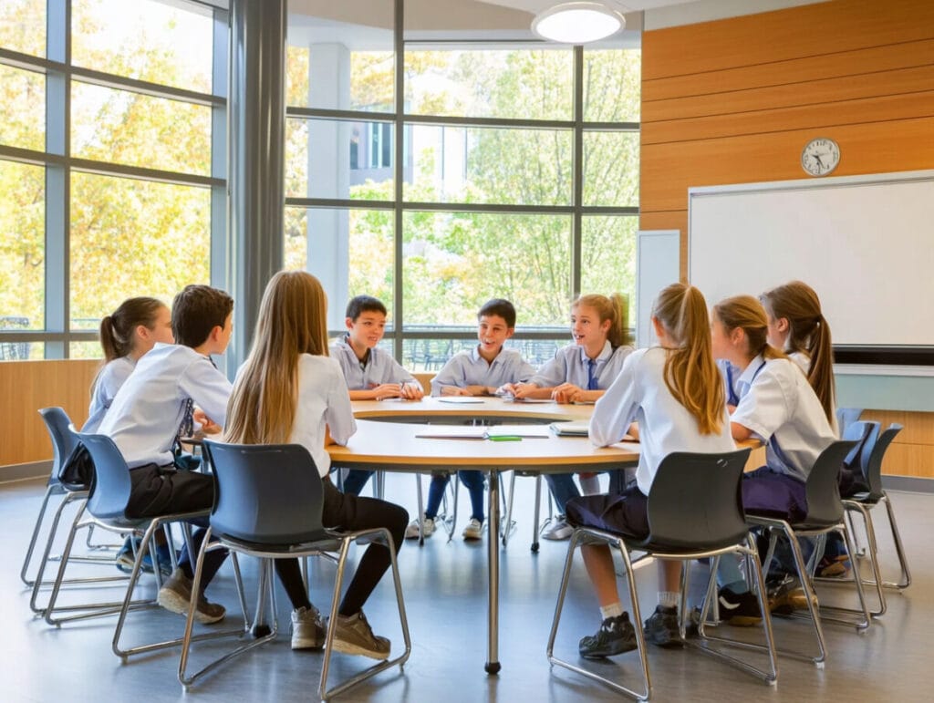 A group of middle school students actively engaged in a discussion in a modern classroom setting, illustrating the collaborative and inquiry-based approach of the IB Curriculum, designed to foster critical thinking, teamwork, and global-mindedness.