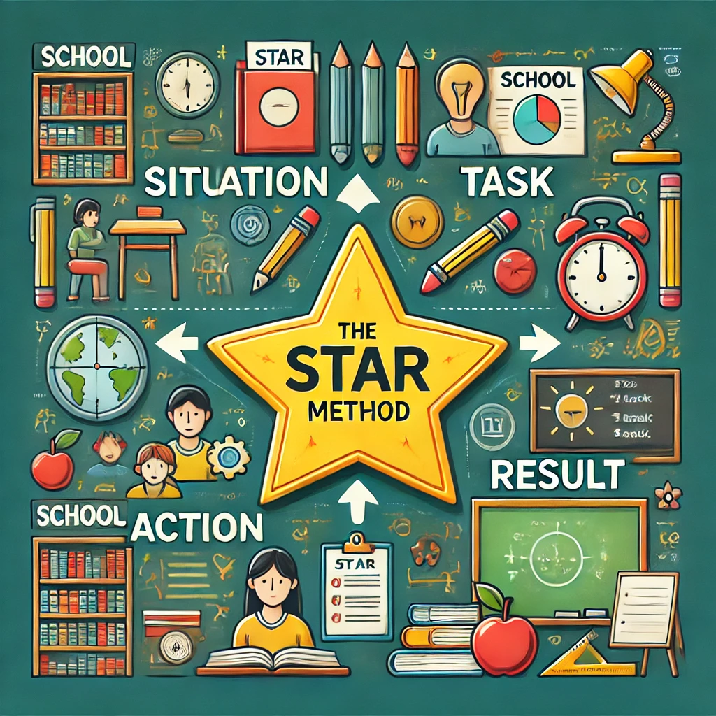 An infographic explaining the STAR method tailored for school interviews. The design highlights four key steps: "Situation" (setting the context of the story), "Task" (explaining your role or responsibility), "Action" (detailing the steps taken to address the task), and "Result" (sharing the meaningful or measurable outcome). Each section is visually represented with icons and clear descriptions, emphasizing how students can use the STAR method to excel in school interviews.