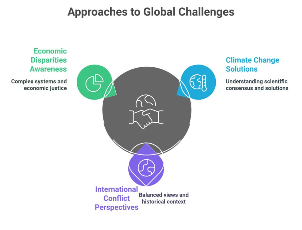 Visual representation of strategies to address global challenges for current issues in school interviews. Highlights include economic disparities awareness, climate change solutions, and international conflict perspectives, emphasizing complex systems, scientific understanding, and balanced views.