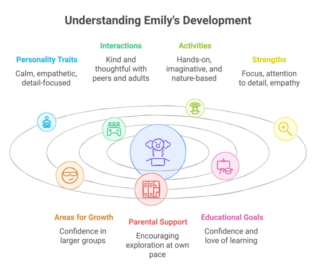 에밀리의 발달 이해하기에밀리의 차분하고 공감력이 뛰어나며 세세한 것에 집중하는 성격, 또래 및 성인과의 사려 깊은 상호작용, 손으로 하는 창의적이고 자연 기반의 활동, 집중력과 세부 사항에 대한 주의력, 공감 능력이라는 강점, 큰 그룹에서 자신감을 키우는 성장 영역, 그녀의 속도에 맞춘 부모의 지원, 그리고 자신감과 학습에 대한 사랑을 키우기 위한 교육 목표를 시각적으로 요약한 내용입니다.