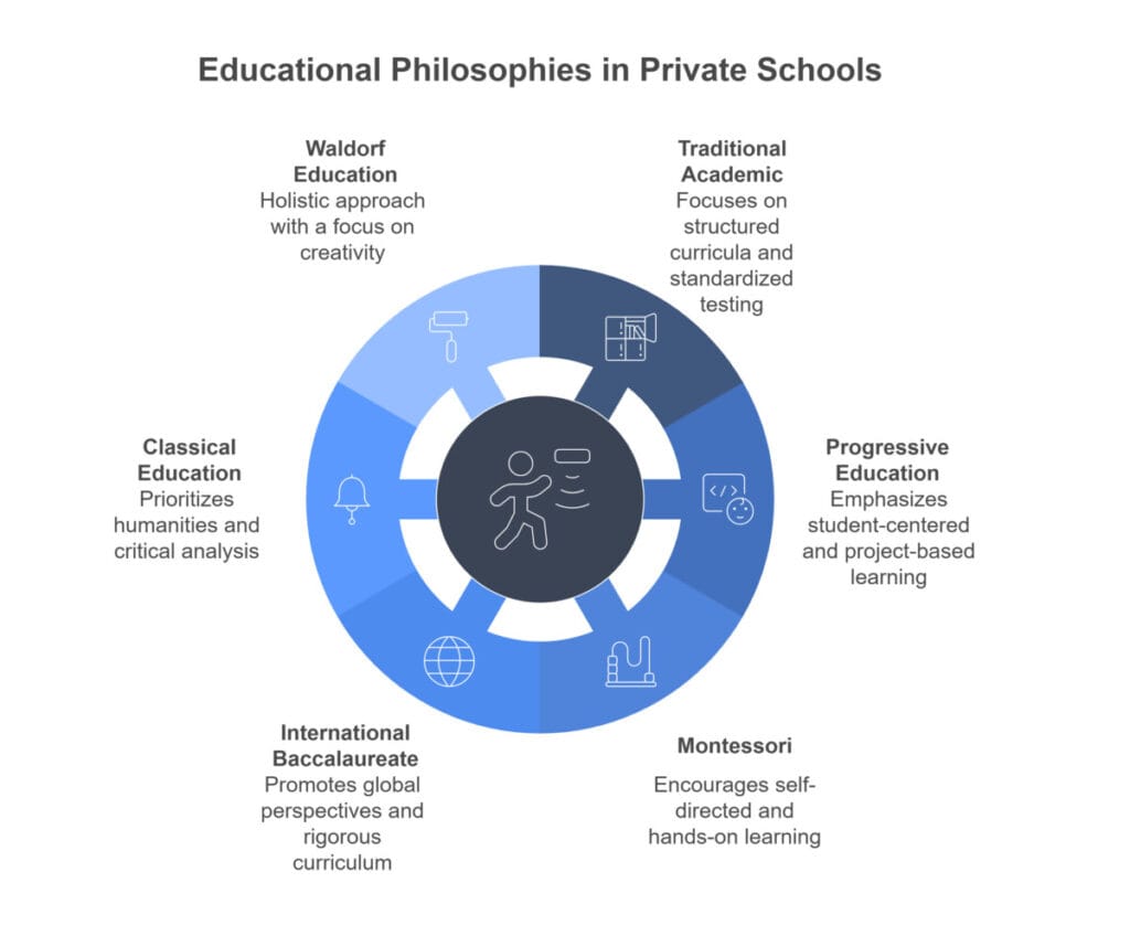 Illustration of private school philosophies featuring six approaches: Traditional Academic (structured curriculum and standardized testing), Progressive Education (student-centered and project-based learning), Montessori (self-directed and hands-on learning), International Baccalaureate (global perspectives and rigorous curriculum), Classical Education (focus on humanities and critical analysis), and Waldorf Education (holistic approach emphasizing creativity). The image presents these philosophies in a circular format to highlight their unique contributions to private school education.