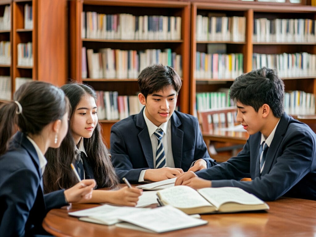 Students in school uniforms collaborating on a group project in a library, discussing how to tackle challenges effectively, reflecting the 5-step template for answering 'What Was Your Challenge and How Did You Handle It?