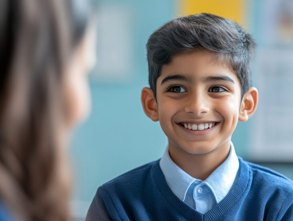 A smiling 6th-grade boy attentively listens during a school interview. Perfect for discussions about favorite books, this image captures curiosity and confidence, aligning with the 6-step guide for answering, 'What is a Book You Recently Read?