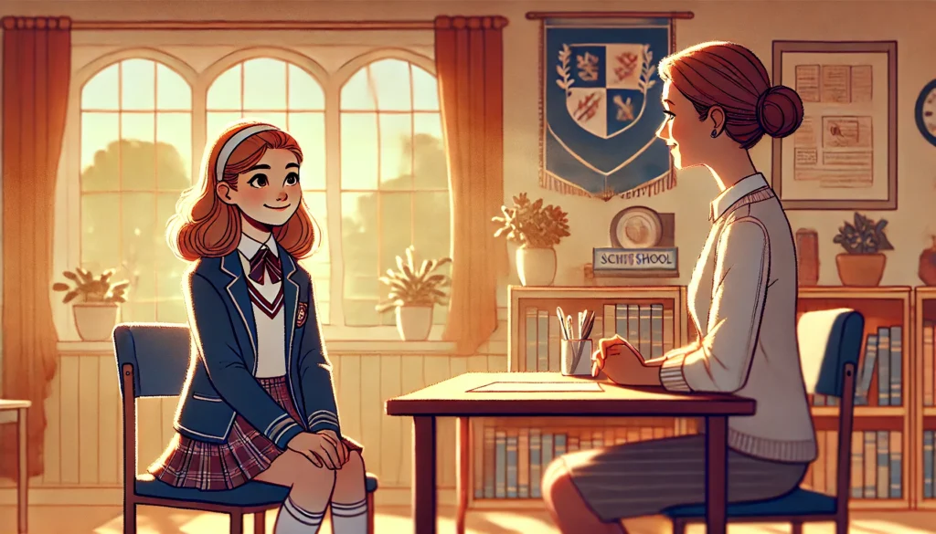 A warm, cinematic illustration of a 12-year-old girl in a school uniform confidently engaging in a private school interview. She sits upright, smiling and composed, across from an admissions officer in a bright, welcoming academic setting with bookshelves and a school banner in the background. The image represents Interview Recovery Techniques, showcasing resilience, adaptability, and poise in a high-stakes interview situation.