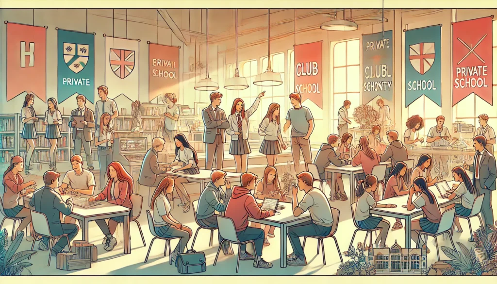 A bright, pastel-toned cinematic illustration of students actively participating in School Community Contributions. The scene showcases a diverse group of students in a welcoming private school setting, collaborating on projects, engaging in club discussions, and taking part in creative or volunteer initiatives. The warm and inclusive atmosphere reflects teamwork, leadership, and meaningful involvement in the school community.
